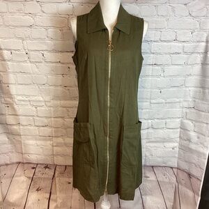 CRENEAU LINEN SLEEVELESS KNEE LENGTH OLIVE GREEN DRESS LONG VEST SZ 10